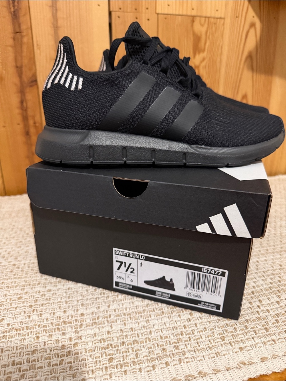 adidas NIB Swift Run 1.0 Black Knit Sneakers with Subtle White Stripe Detail